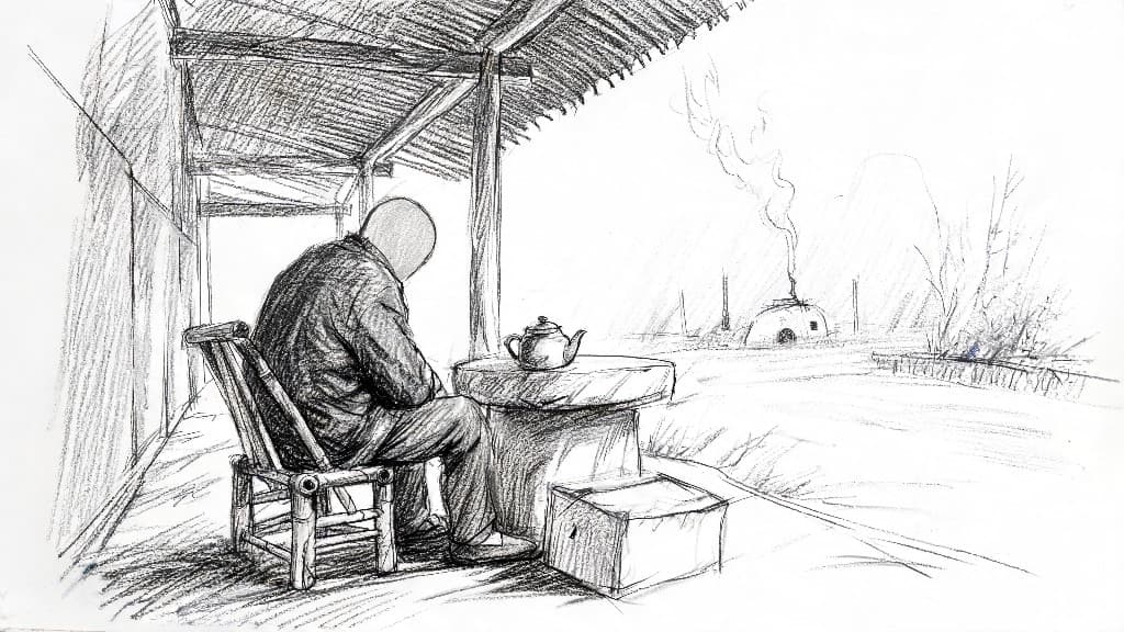 廊下全景。竹椅、旧茶壶。远处雾中有窑烟。老林佝偻的身影坐在椅上。